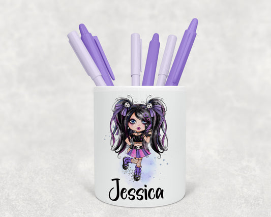 Gothic style black and purple hair girl personalised pen pot image 0