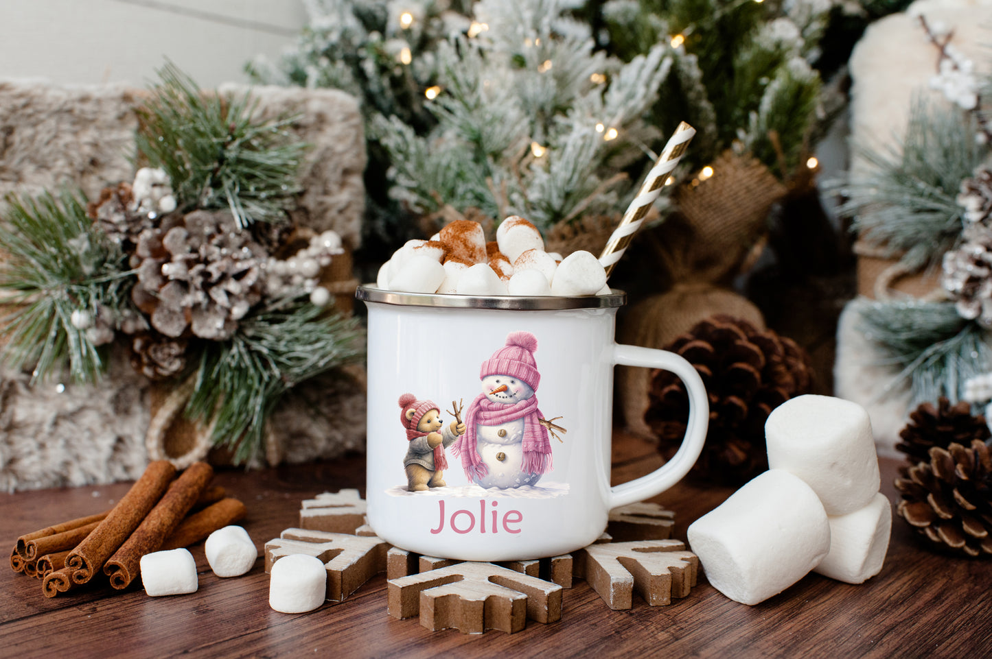 Teddy bear building a snowman pink enamel mug image 0