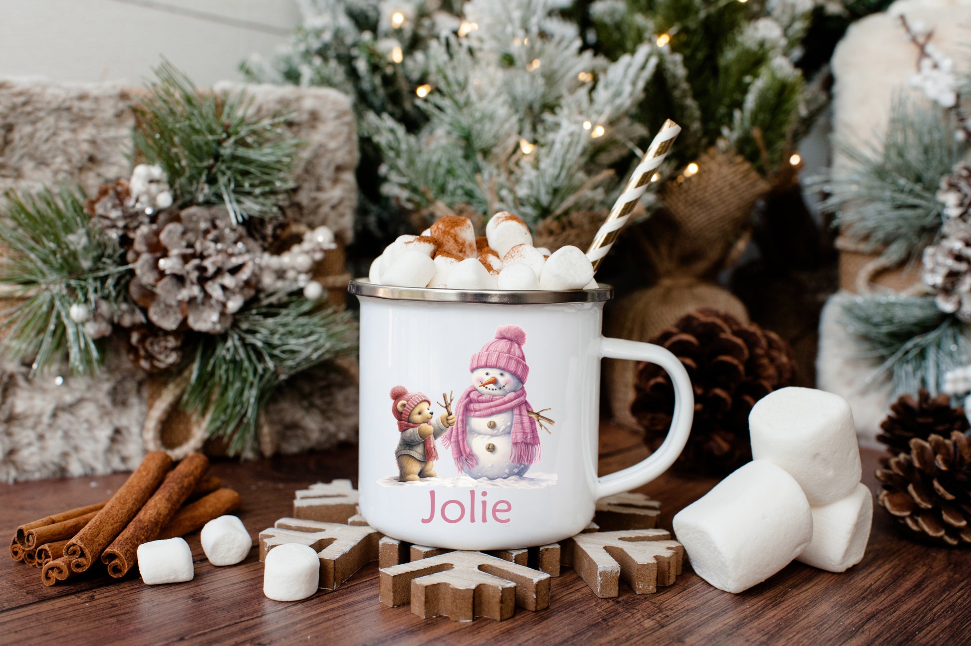Teddy bear building a snowman pink enamel mug image 0