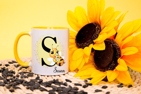 Cute Bee Initial and name personalised yellow mug image 0