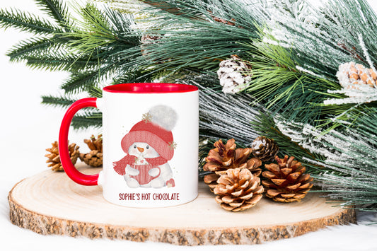 Cute red Snowman Personalised Hot Chocolate Mug red handle