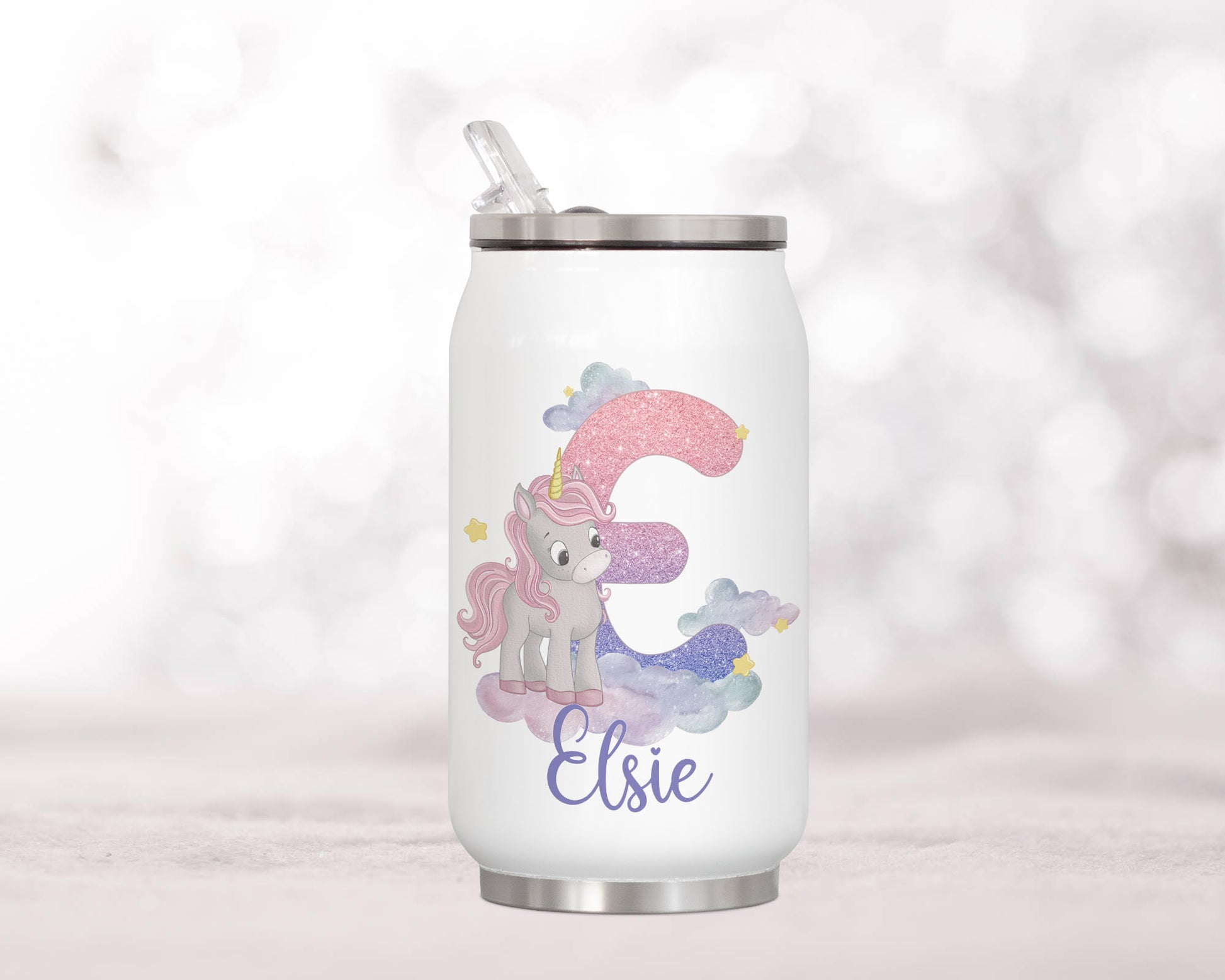 Pink unicorn personalised drinking can image 0