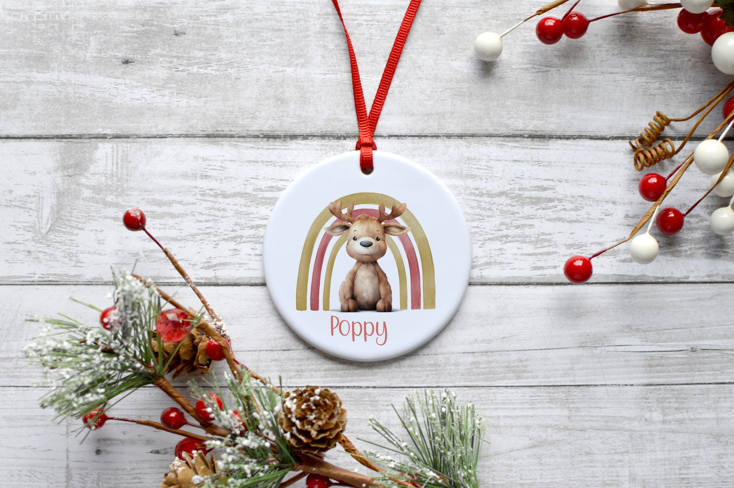Reindeer Rainbow Christmas Hanging Ceramic Decoration Personalised image 0
