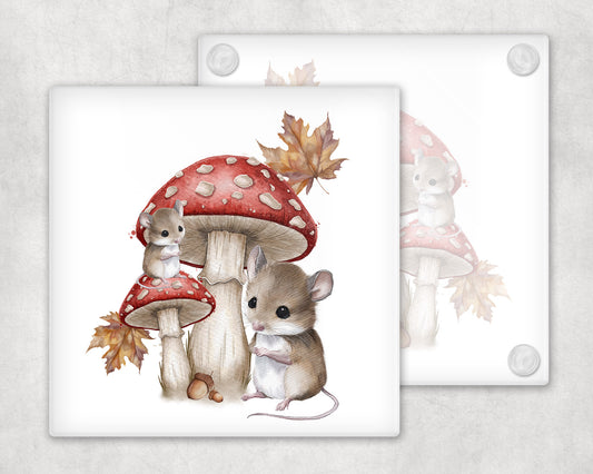 Woodland Mice and Mushrooms Glass Coaster image 0