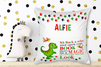 Dino Sit back and relax personalised book cushion