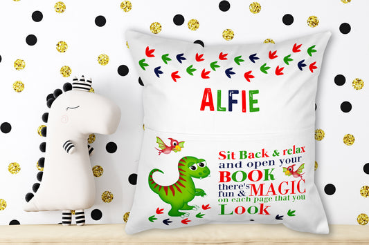 Dino Sit back and relax personalised book cushion