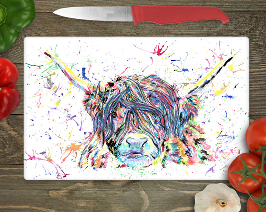 Highland Cow Splatter Effect Glass Chopping board worktop saver image 0