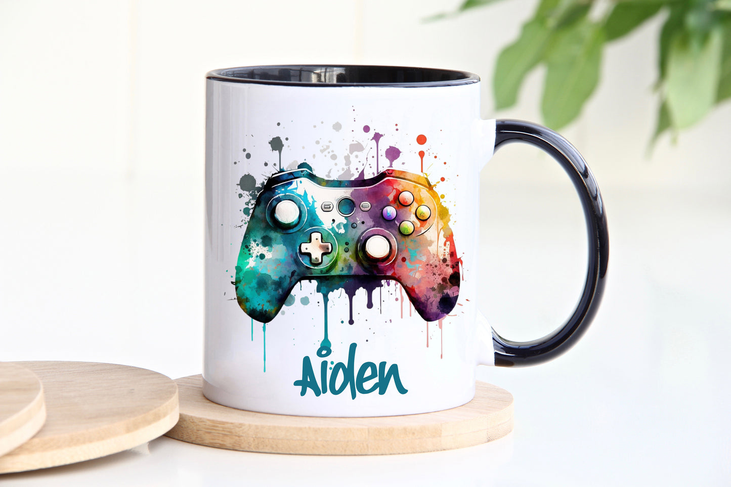 Personalised gamer controller colour splat black handle mug image 0