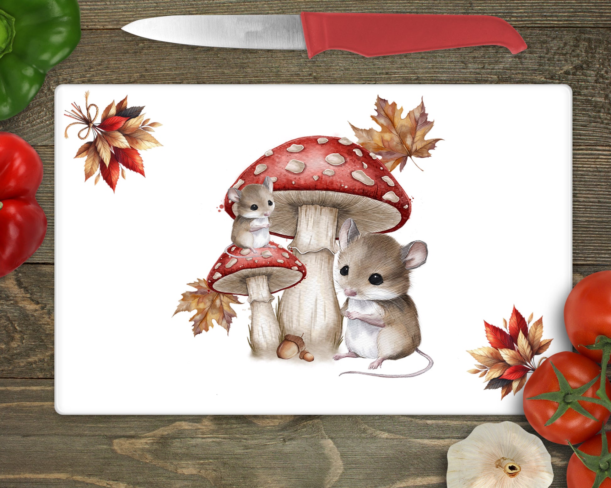 Woodland mice and Mushroom Glass worktop saver/ chopping board image 0