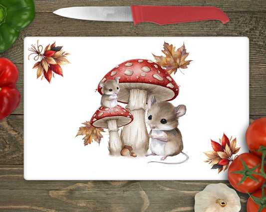 Woodland mice and Mushroom Glass worktop saver/ chopping board image 0