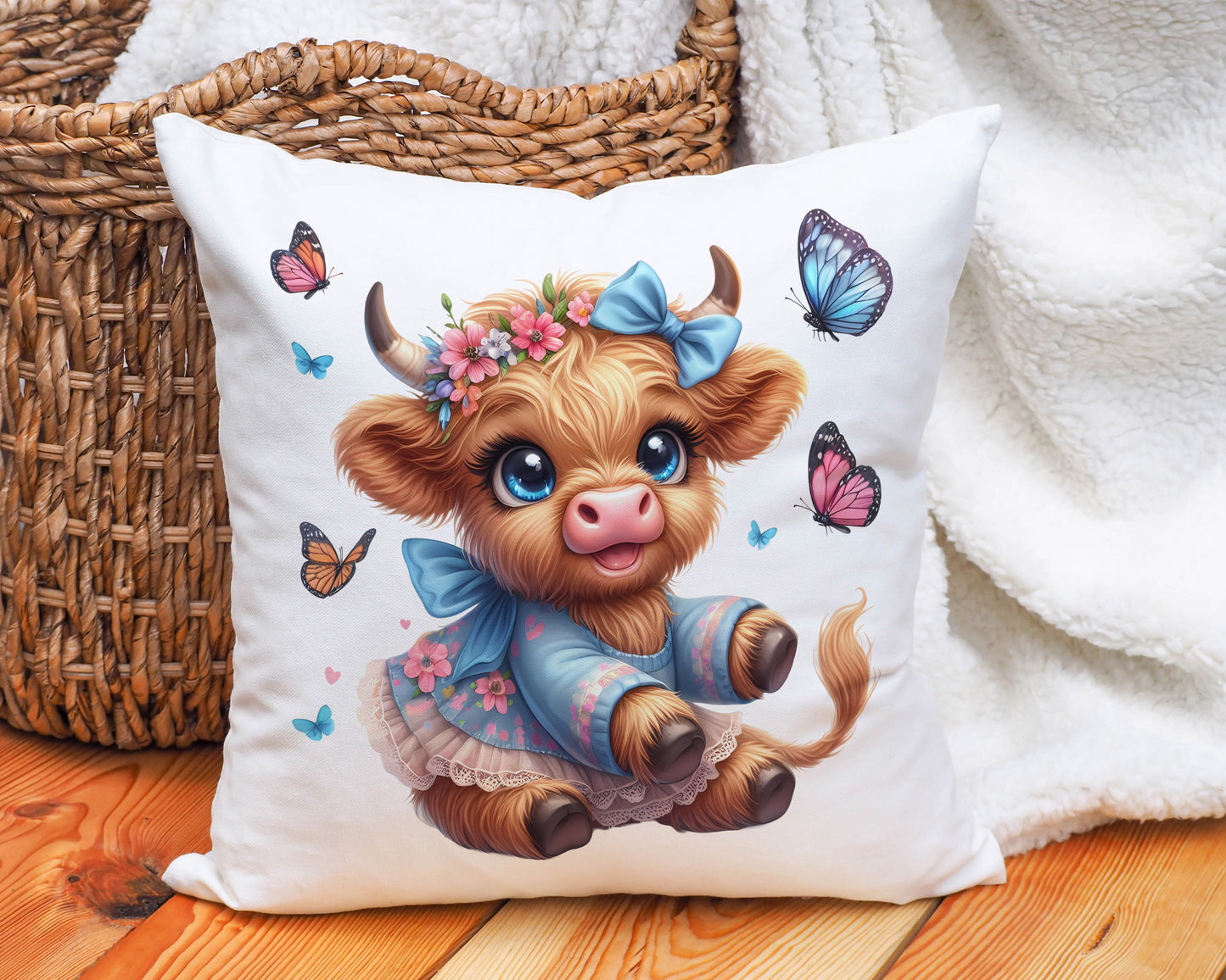 Blue baby highland cow cushion image 0