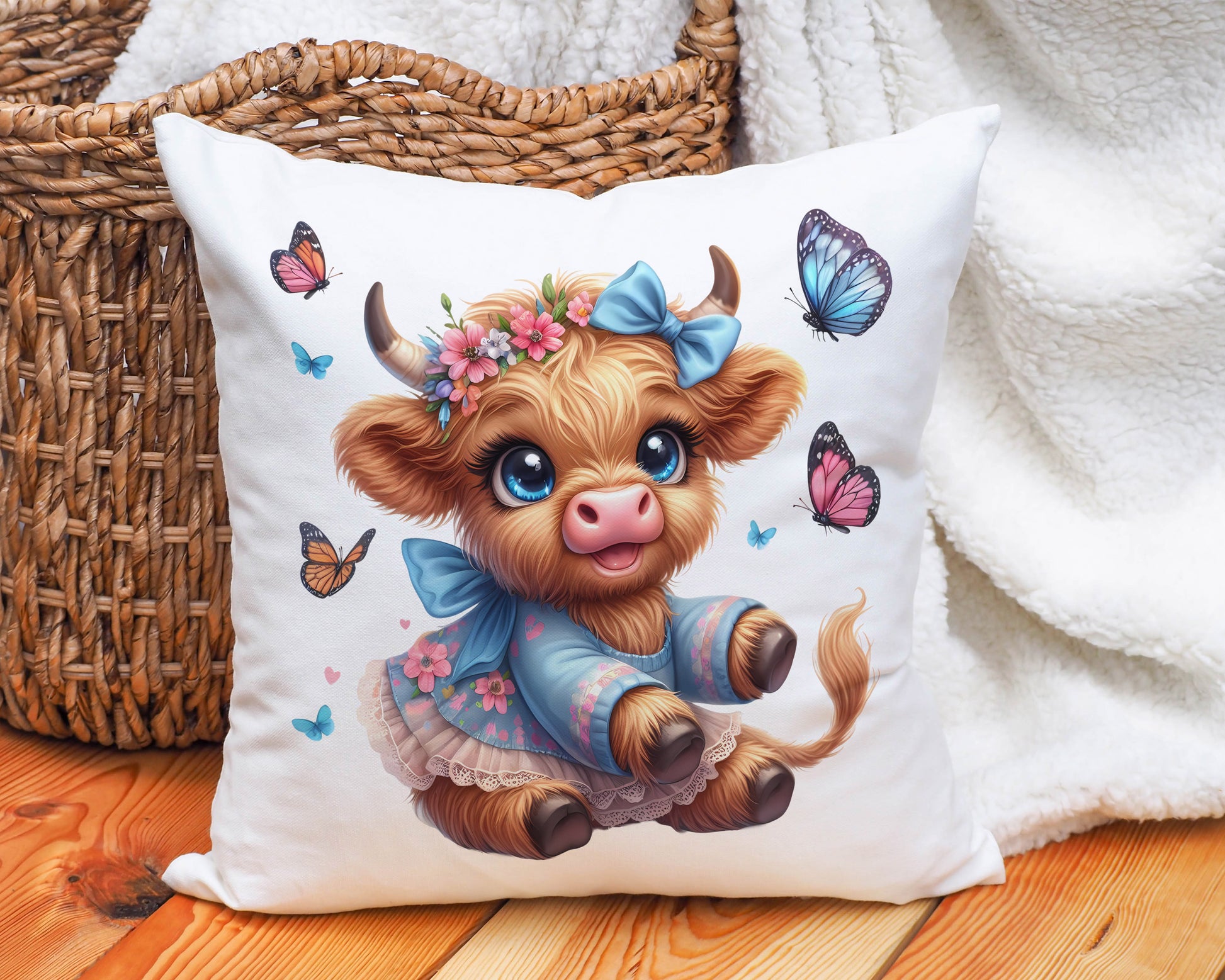 Blue baby highland cow cushion image 0
