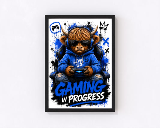Gaming in Progress Highland Cow wall print home decor