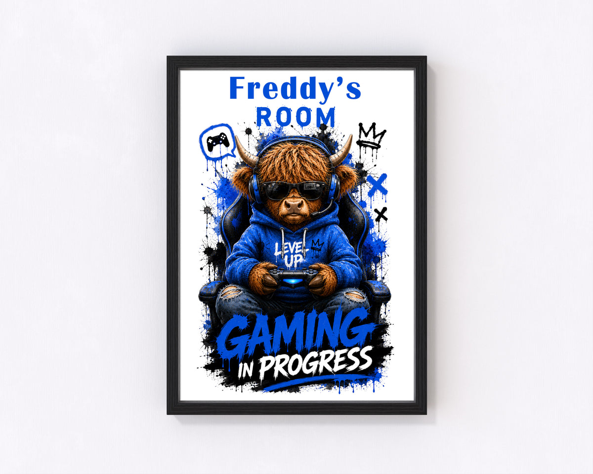 Gaming in Progress Highland Cow Personalised Room Print Wall Decor