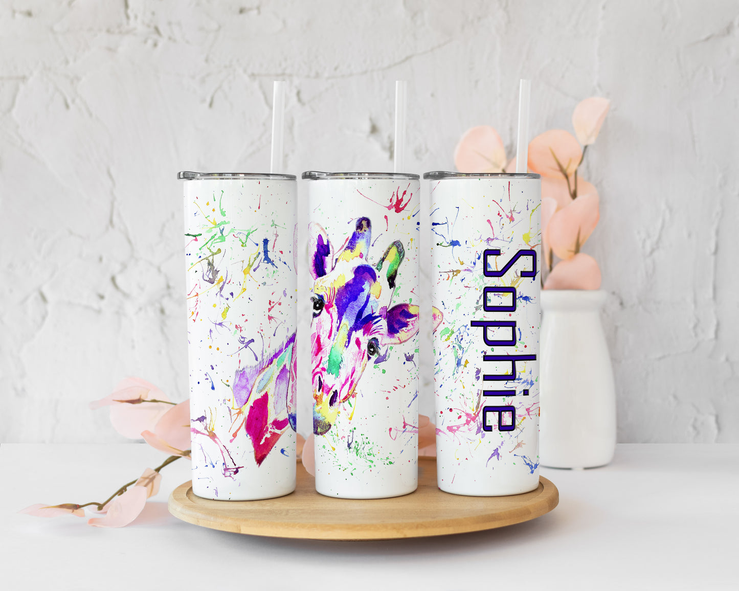 Giraffe Splash Effect Personalised Skinny Tumbler