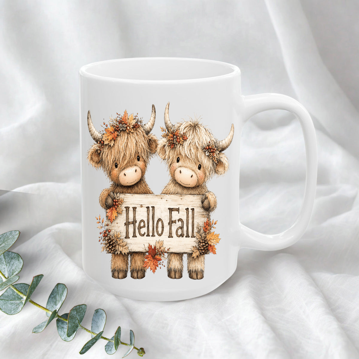 Hello Fall Autumnal Highland Cow Mug