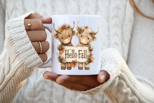 Hello Fall Autumnal Highland Cow Mug