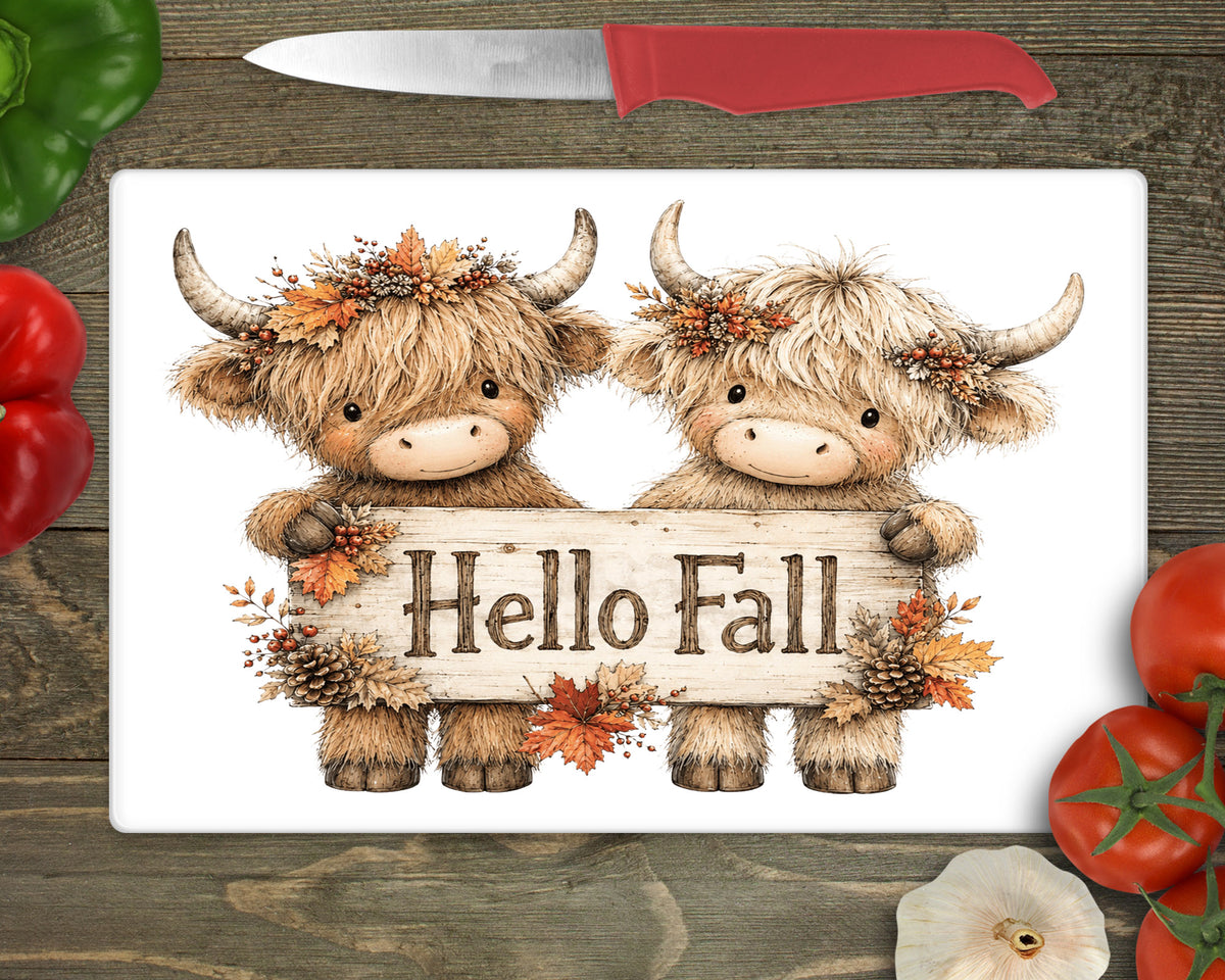 Hello Fall Highland cow Autumnal Chopping board/ worktop saver