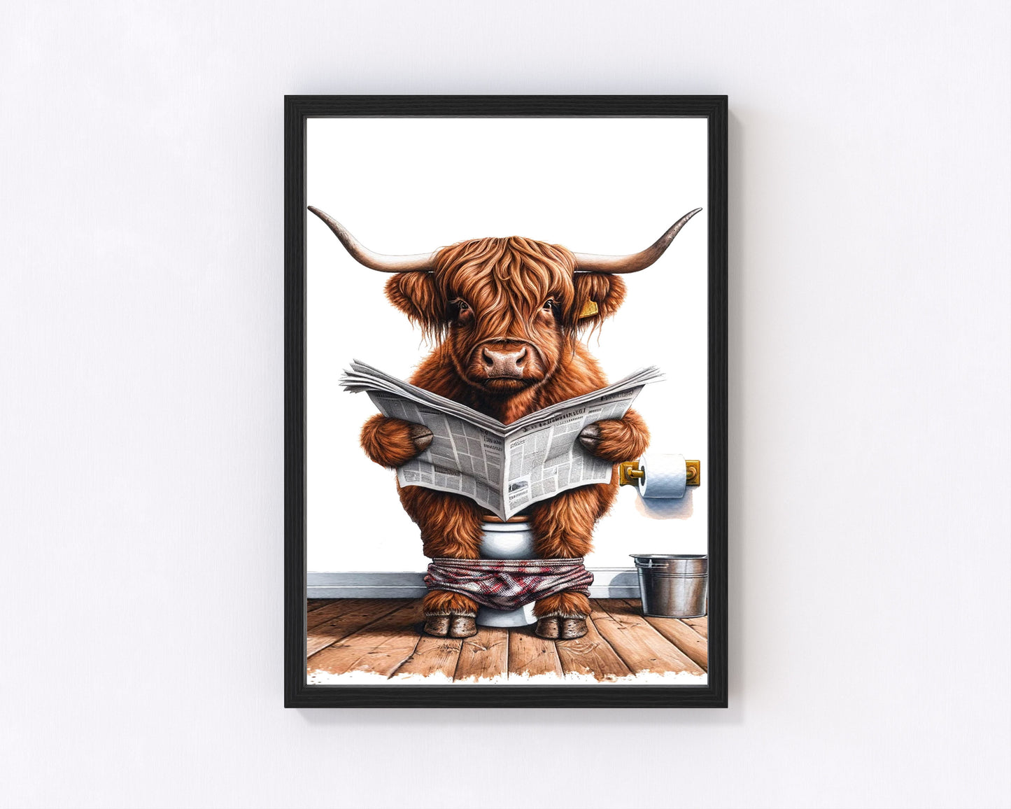Highland cow reading a newspaper toilet humour home decor print.