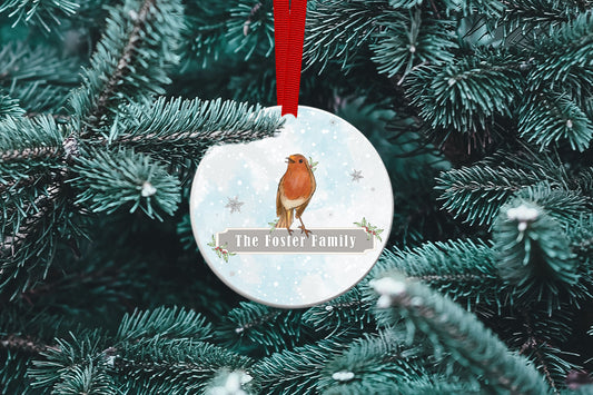 Family Name Robin Bauble Personalised Christmas Ceramic decoration.