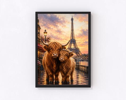 travelling highland cow Paris Wall print decor