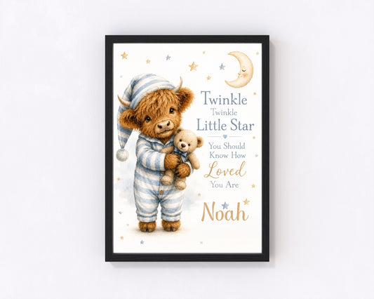 Twinkle Twinkle little star Blue Personalised Wall Decor Nursery Print